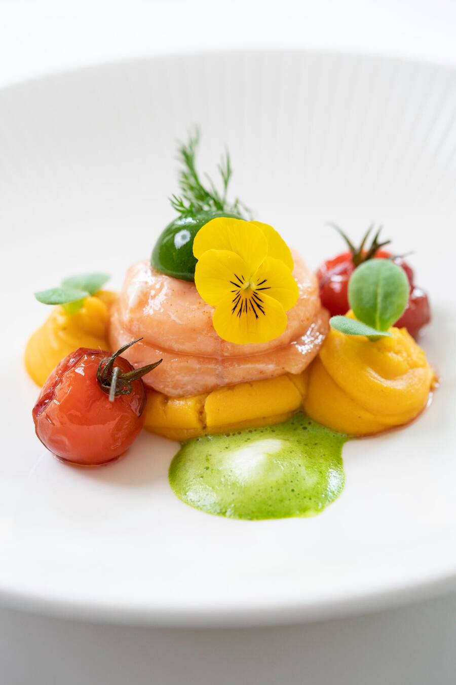 Sternen Pfungen, niedergegarter Swiss Alpin Lachs aus Lostallo, Süsskartoffel, konfierte Cherrytomate, Spinatlinse Champagne-Dillschaum