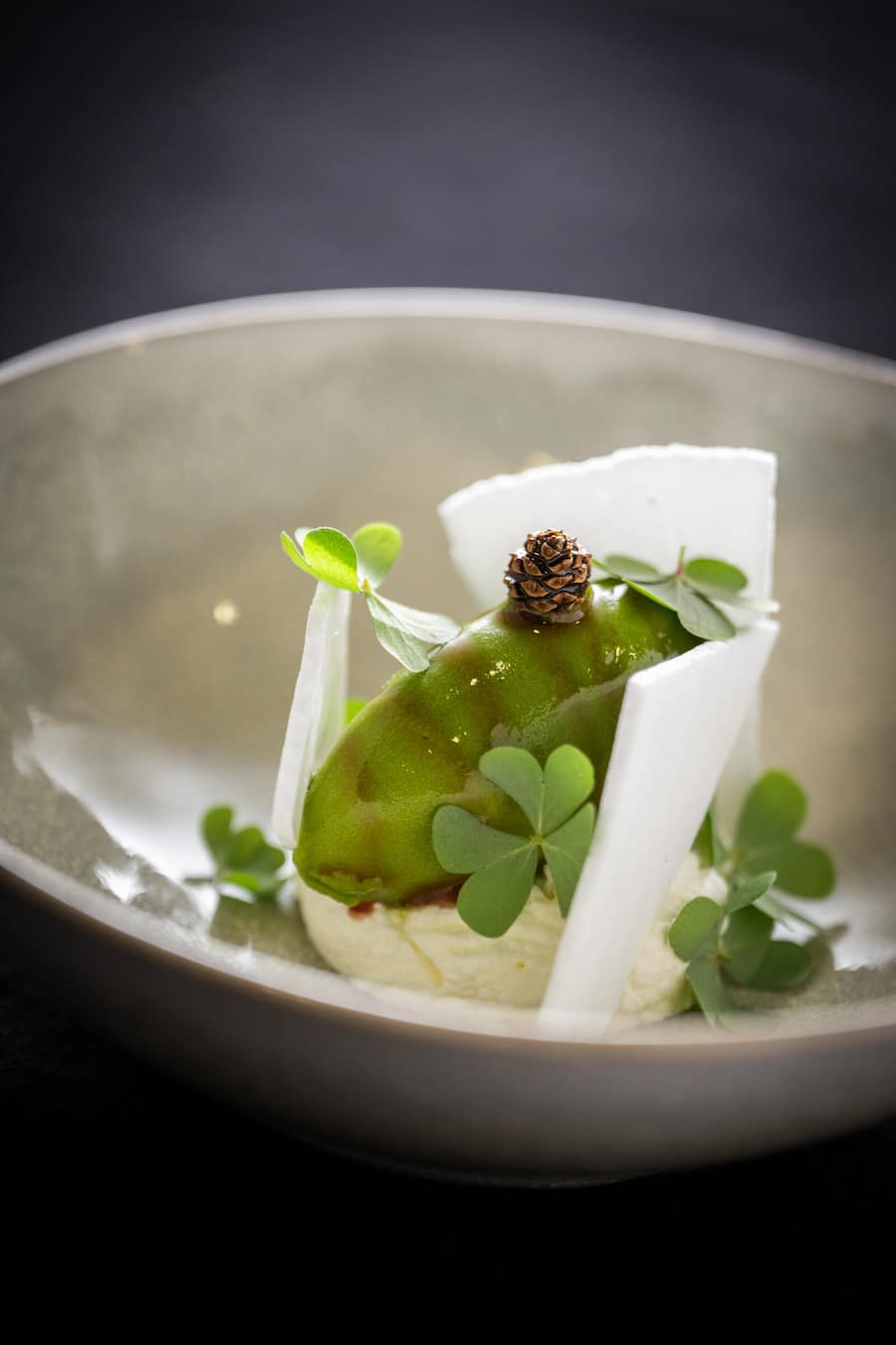 Der vielleicht beste Gang des Abends: Sauerklee-Sorbet mit Tannenzapfen.