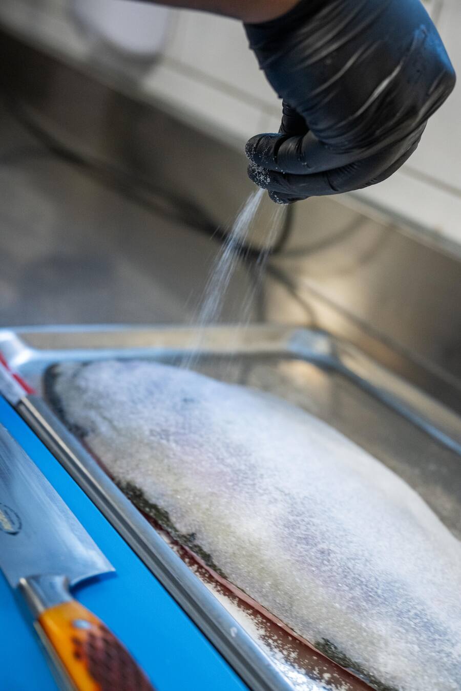 Nachdem die Sandeep die Schuppen entfernt hat, wird die Makrele eingesalzen.