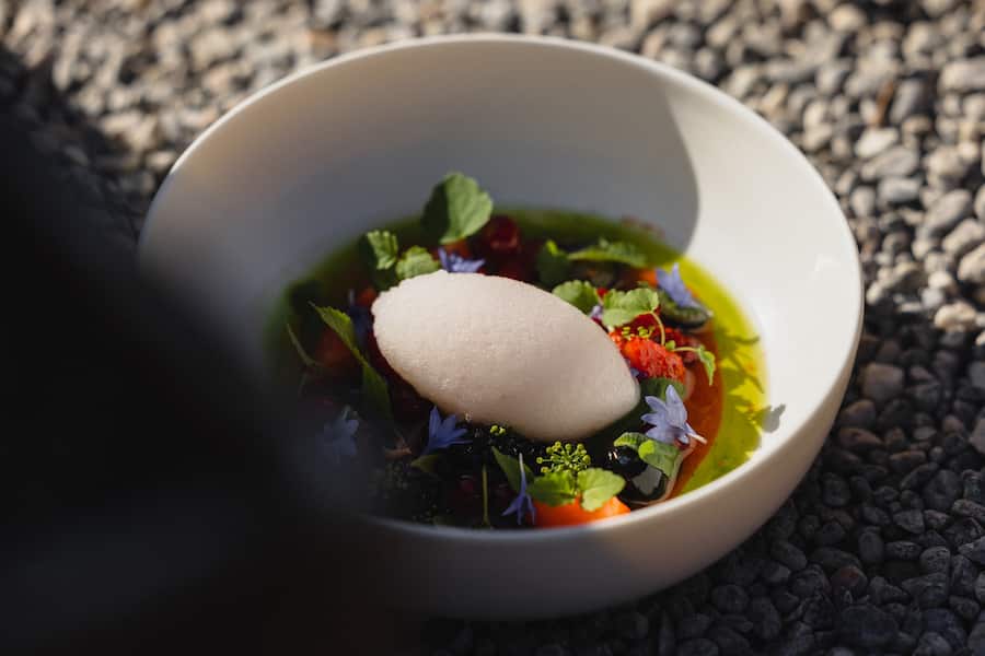 Restaurant blooms, The Dolder Grand, Gartenfrüchte mit Olivenöl, weissem Balsam-Essig und Château Galoupet