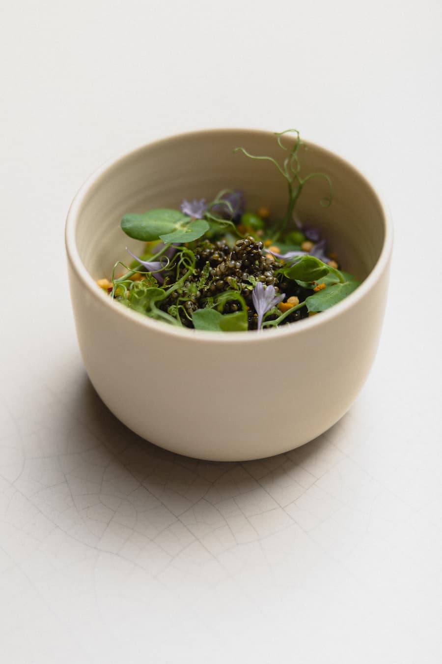 Restaurant blooms, The Dolder Grand, Chawanmushi mit Erbse, Meeresgrün, Kaviar des Feldes und Curry