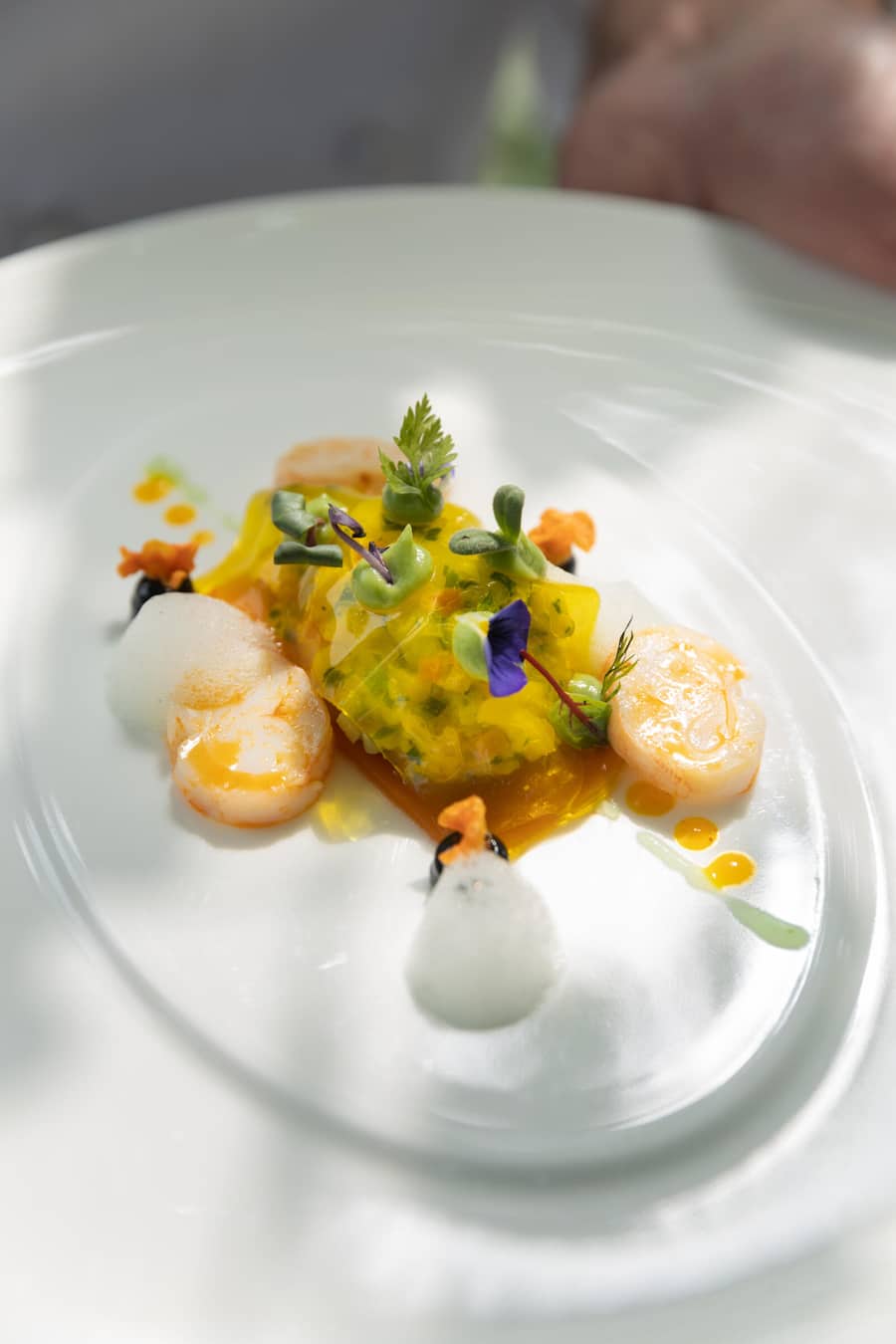 Besuch bei dem Restaurant 'La Table de Suter', Chef Pierrick Suter,Lieblingsrlokal von Bundesrat Guy Parmelin. Fotografiert am 29.06.2023 in Lucens GERICHT: Duo aus halbgekochten Langustinen und Tatar in Tomatengelee