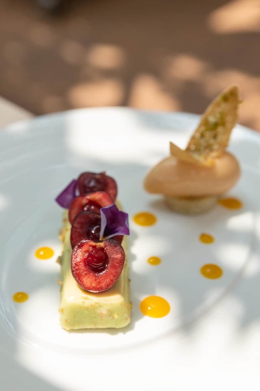Besuch bei dem Restaurant 'La Table de Suter', Chef Pierrick Suter,Lieblingsrlokal von Bundesrat Guy Parmelin. Fotografiert am 29.06.2023 in Lucens GERICHT: Pistazien-Kirschbarren, Pfirsichsorbet