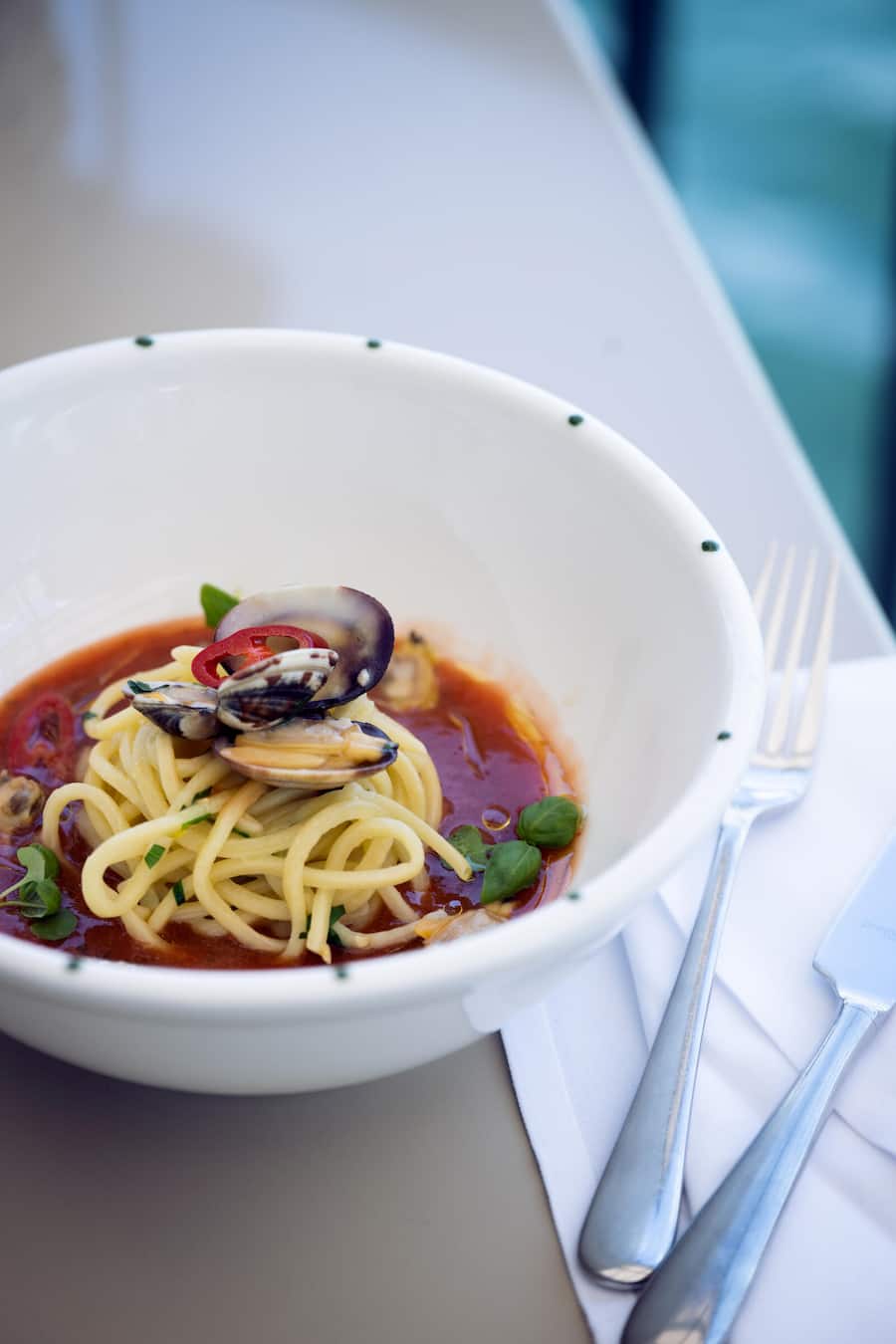 GM_Restaurant Tracht, Spaghetti alio, olio e peperoncino, vongole e gazpacho