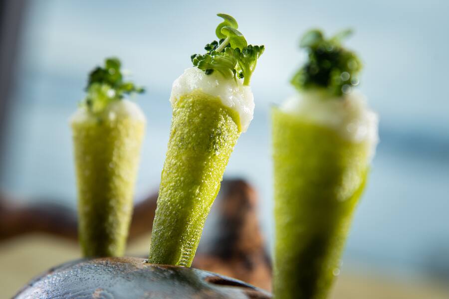 Jeroen Achtien 2021:Broccoli-Cornet, Püree, Joghurt, Ingwer und grüner Spargel, klares Kohlrabi-Broccoli-Eis