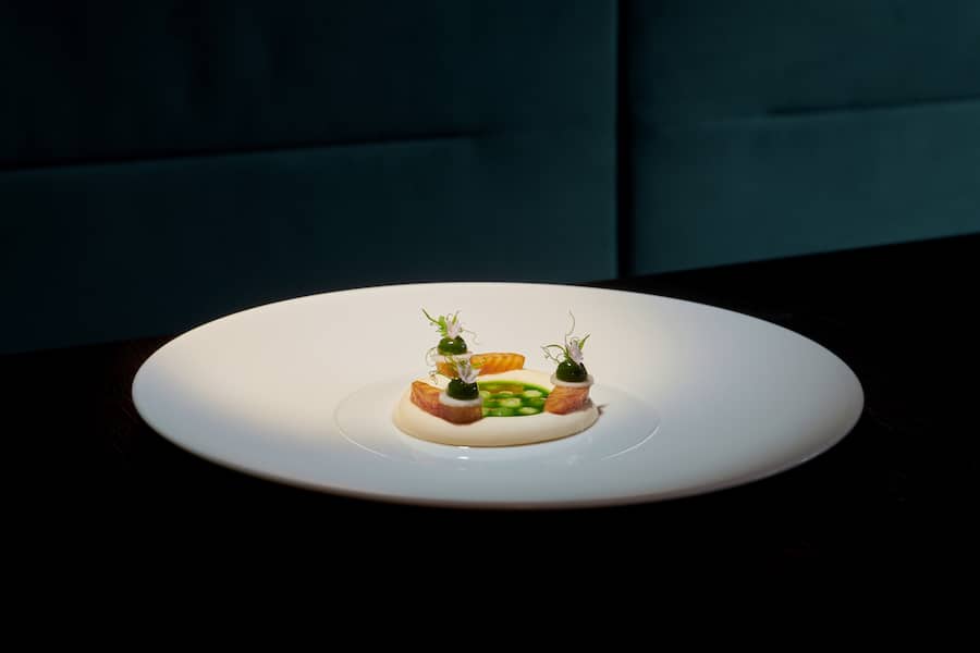 Barbecue-Aal mit Bonito-Mousse, Gurken, Daikon, Shiso-Gel und -Sud.