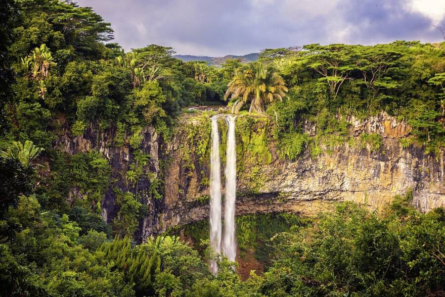 Amazing panorama of waterfall Chamarel seven coloured earths and jungle around it, Mauritius.