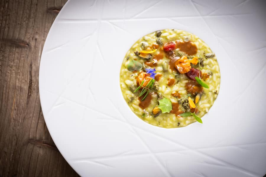Paolo Casanova 2023: RISOTTO DEL PESCATORE RACCOGLITORE Risotto Carnaroli âRiserva San Massimoâ, Wegerich, Silene, Flusskrebse, Essigmutter, Löwenzahn
