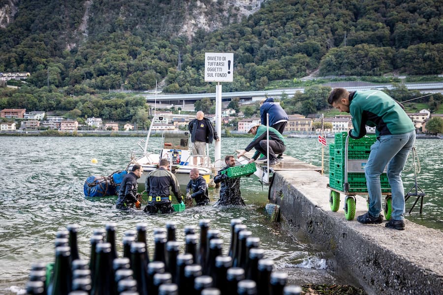 Bianchi, Azienda Agricola Bianchi, Weinkäfig im Luganersee, Tessin. Aufgenommen am 15.10.2023