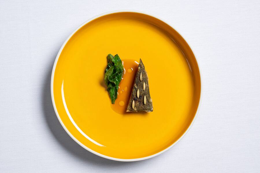 Fried Kabocha Squash with Preserved Habanada Pepper and Spinach