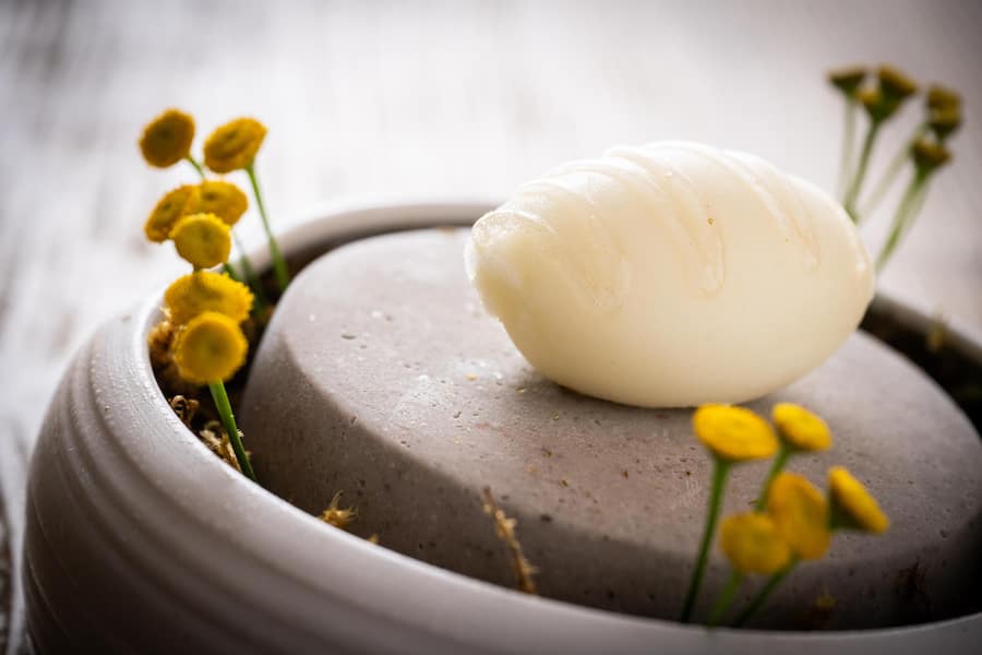 Paolo Casanova 2023:SORBETTO AL TANACETO Rainfarnsorbet, Wacholdergel