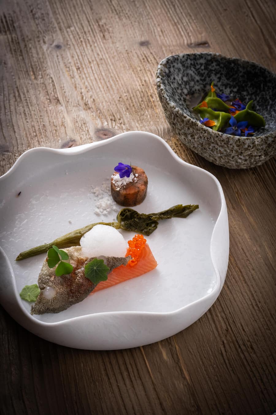 Paolo Casanova 2023: FORELLE FÃR ALLE Forellenrücken, Forellenhautchips, Rosmarinschnee, Zitronenschaum, Forellenravioli in Berg-Dashi, Forellenterrine mit Lärche, Forellenrogen