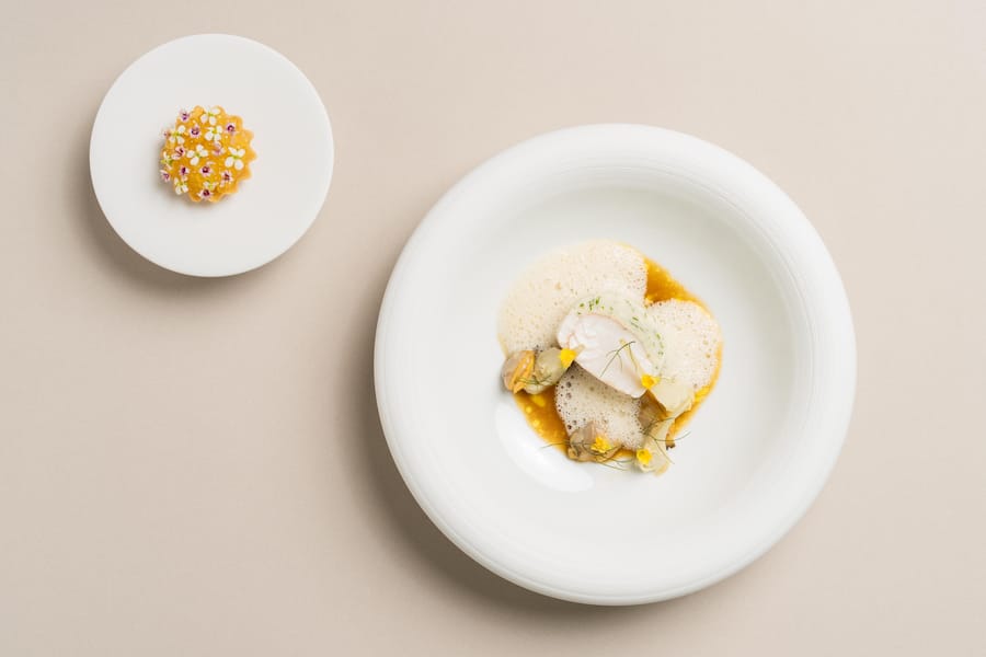 Nose to tail vom Zander mit Filet, Fischfarce, Muscheln, Artischoke und Ceviche - Raul Garcia, Souschef Focus Vitznau - Park Hotel Vitznau - «Young Chef»-Finalist - 16. August 2023 - Copyright Olivia Pulver