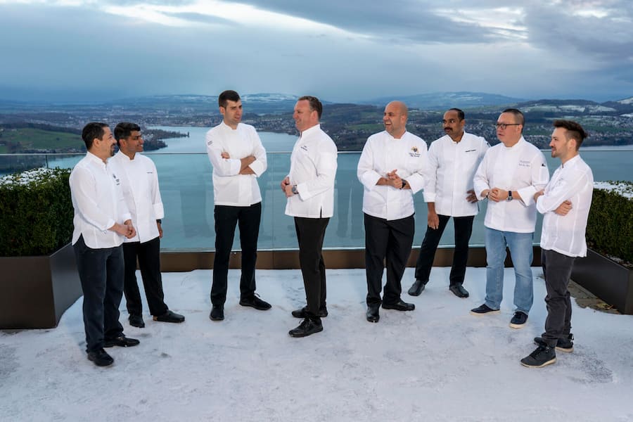 Chefs United , Bürgenstock, vlnr: Damian Carini, Gerald Quadros (Savoy London), Antonino d'Alessio (Raffles Doha), Mike Wehrle, Ludovic Douteau (Savoy Lausanne), Saneesh Varghese (Fairmont Doha), Tak-Lau Yuen (Peninsusla Paris), Wolfgang Schmidt (Schweizerhof Bern)