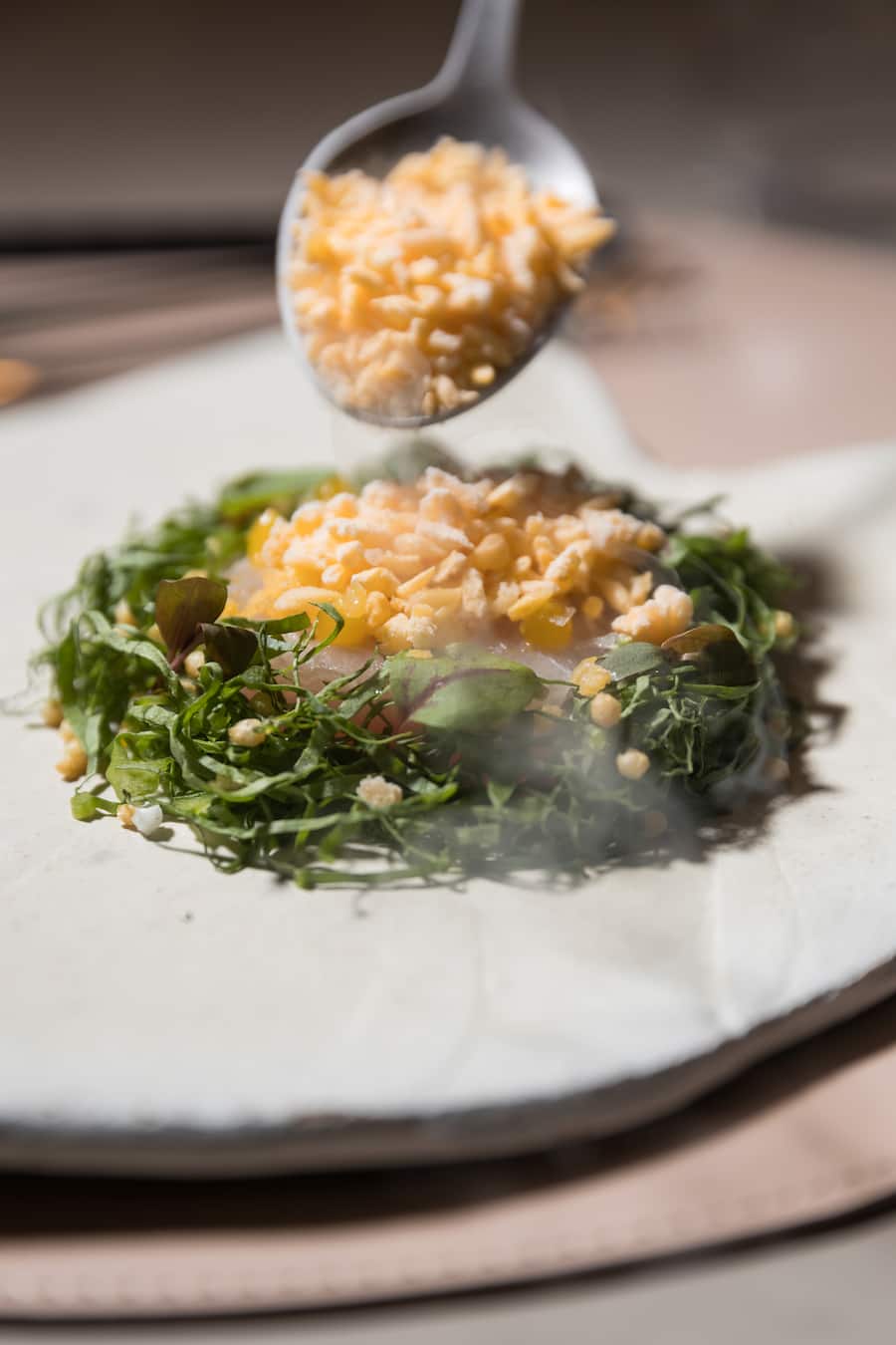 Restaurant ANGericht: Roher Red Snaper mit Mandarinenöl mariniert, Sauerampfer, Mandarinen-Segmente, -Sauce und knusprige Reis-PopsFotografiert am 09.11.2023