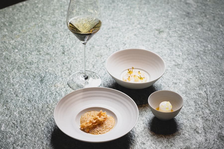 Andreas Caminada, Schloss Schauenstein, Dom Pérignon, Langoustine in drei Teilen mit Zitrone und Fenchel, 2006