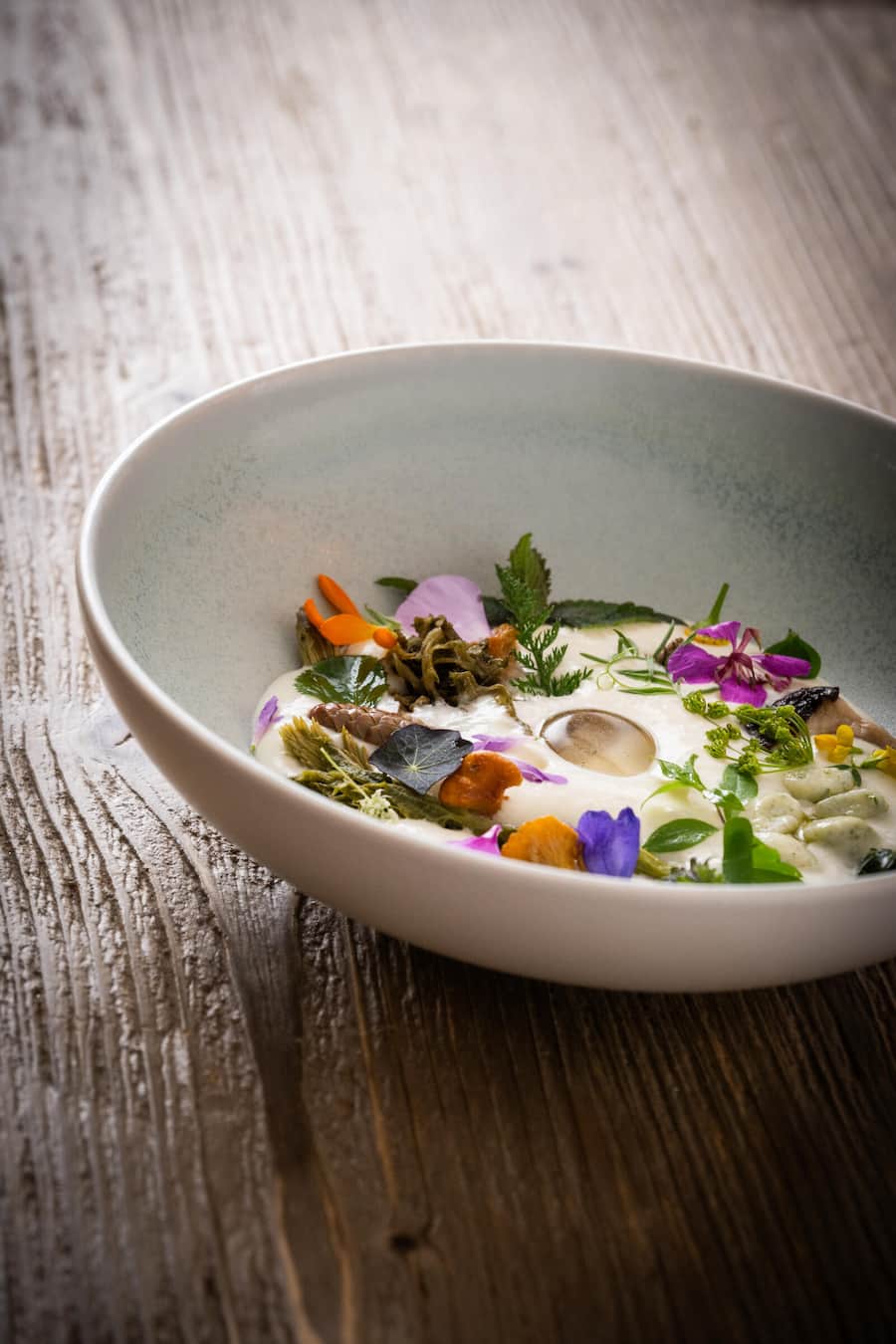 Paolo Casanova 2023: MINESTRONE DI BOSCO Knollensellerie-Schaum, ORMA Corvatsch Whisky, Knoblauch und Moschusgelee, fermentierte Tannenzapfen, Flechten, Pilze, Wurzeln, Ricotta und Lärchen âGnocchettiâ...und dann, was der Wald uns gibtâ¦Pilzbrühe oder Hirschbrühe