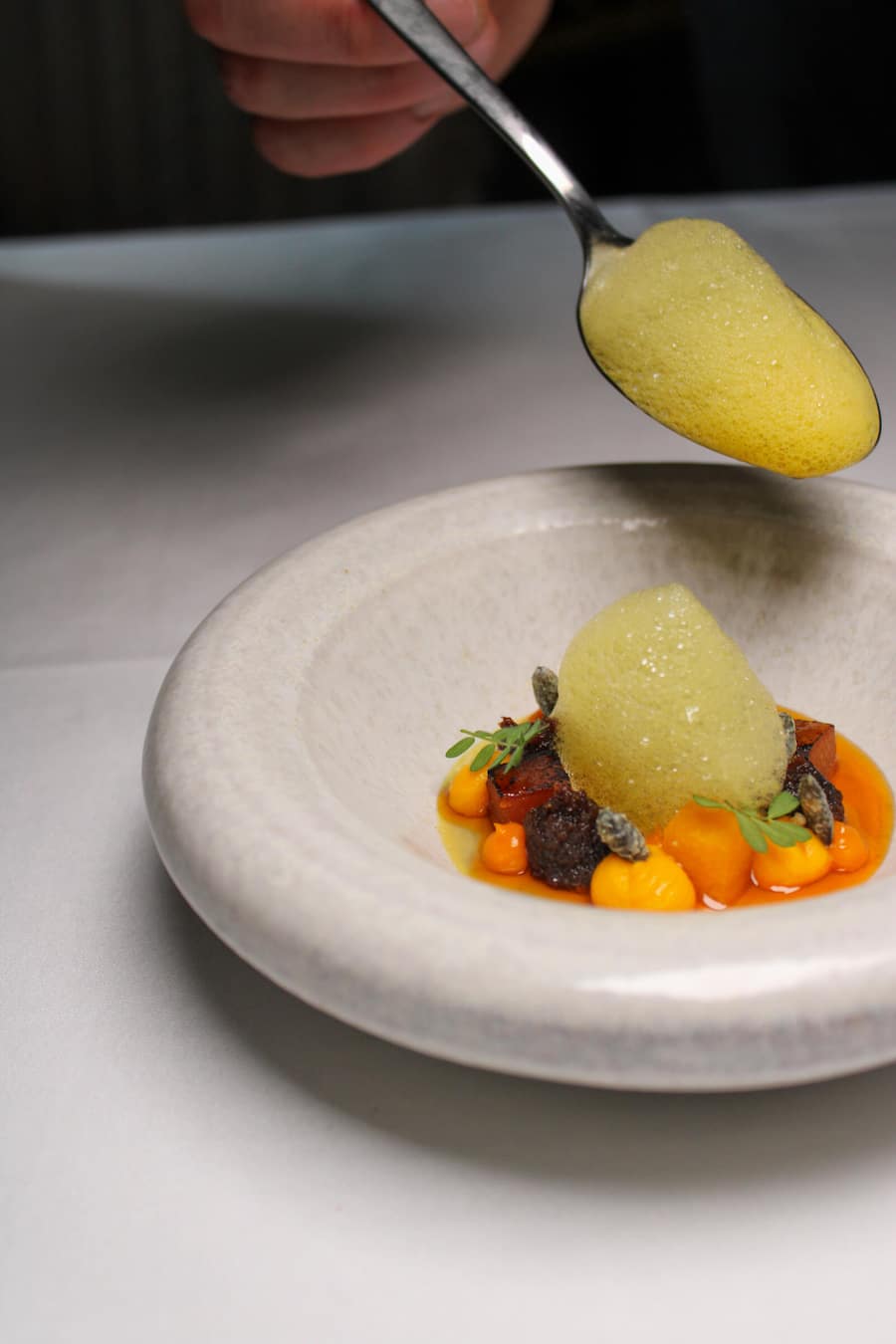 Gericht: Kürbis Chawanmushi, Pilz, Safran, Sanddorn Gericht: Kürbis Chawanmushi, Pilz, Safran, Sanddorn