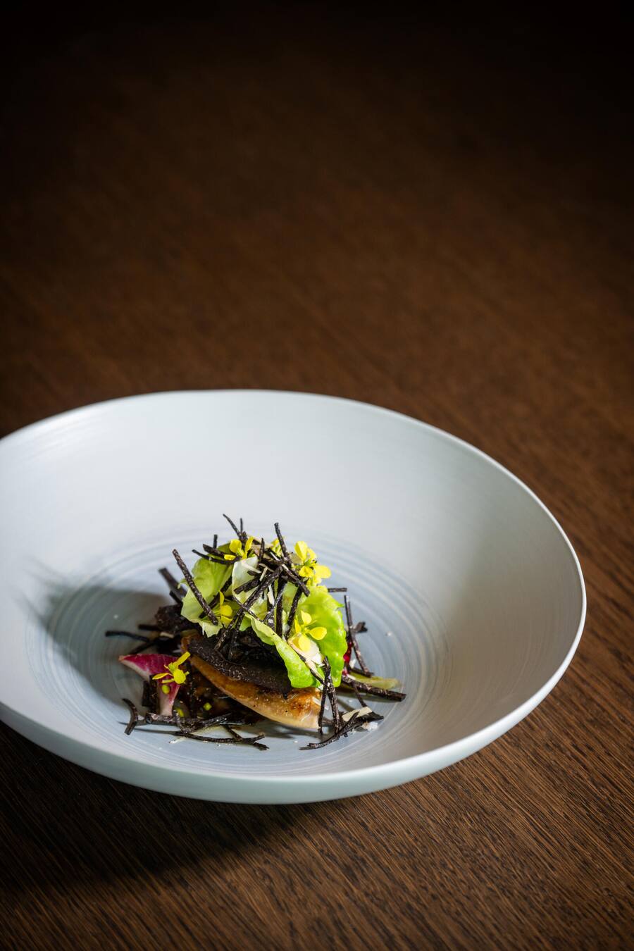 Chefs D.Sato und F.Toffalon kochen fuer Davidoff 2023: Quail, black Truffle, Lettuce, Yuzu Kosho
