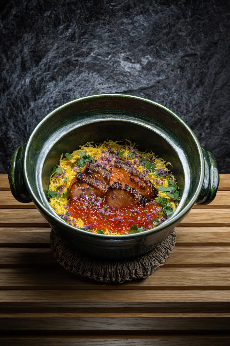 Takikomi rice with Teriyaki Salmon and Salmon Roe