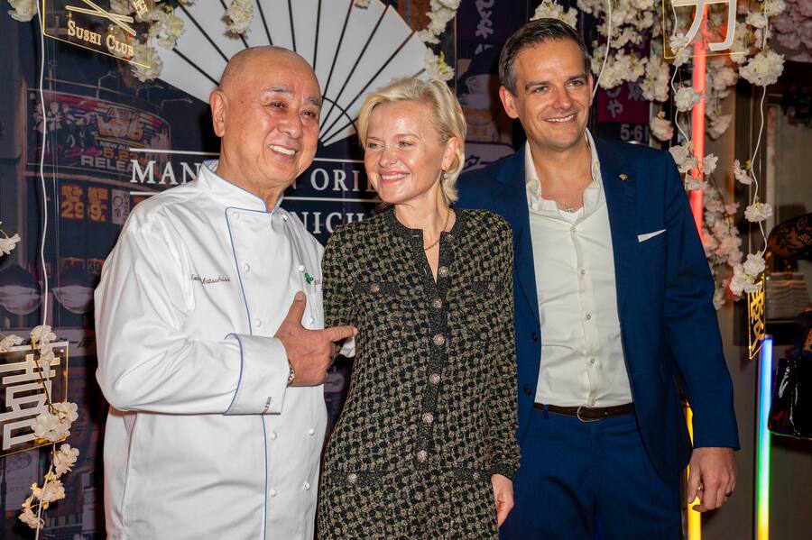 Der Neue für Zürich: General Dominik G. Reiner, mit Nobu Matsuhisa und Unternehmerin Barbara Sturm.