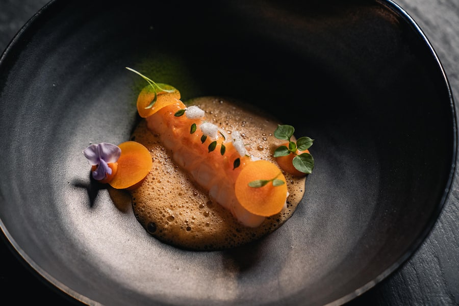 Gericht: Langostino,Zitronenthymian, Kürbis, Bisque