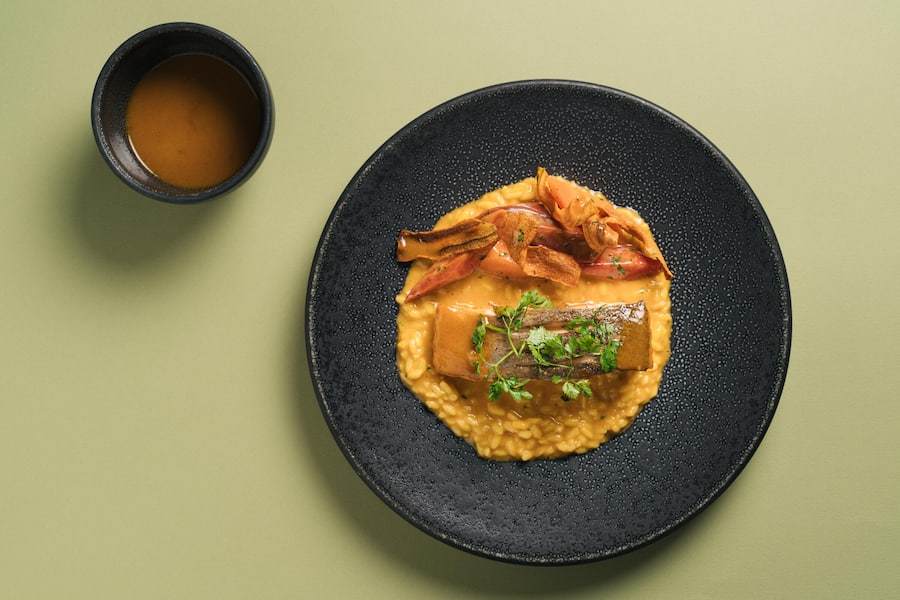 Lostallo Lachs, Bouillabaisse Nage, Gewürzrisotto, geschmorte Karotten aus dem Seeland - La Couronne Solothurn - März 2024 - Copyright Olivia Pulver