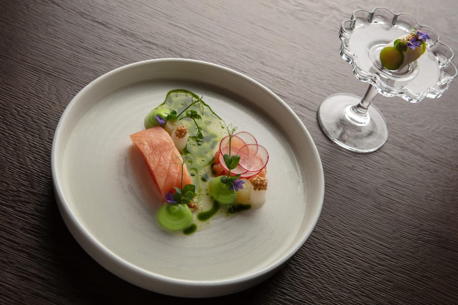 Swiss Lachs (als Tatar gebeizt und eine Tranche vom Rückenfilet) mit Wasabicrème, eingelegtem Rettich und Gurken und eine Yuzu Dill Vinaigrette