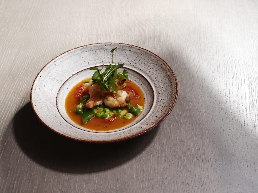 Gericht: Langoustine - Erbse - Tom Yum - Erdnuss - Kaffirlimette von Stefan Heilemann Silvio Germann, GaultMillaus Koch des Jahres 2024, lud seine Amtsvorgänger als Gastchefs in den Thurgau ein. Adrian Ehrbar hat die Bilder für den Mammertsberg gemacht