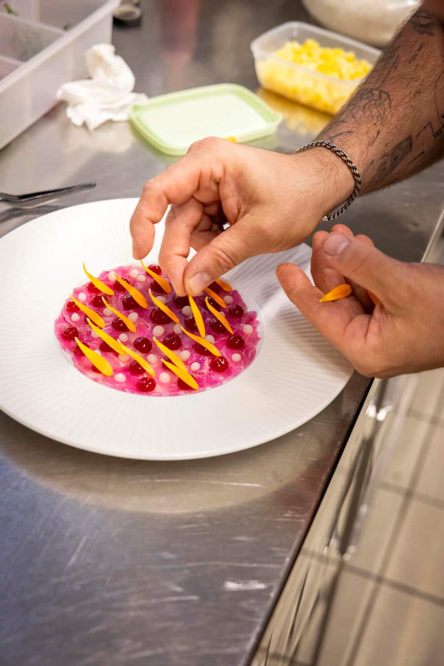 Gericht: Wels-Carpachio, Hibiskusblüten-Gel, Buttermilch, fermentierte Zitronen, Calendula-Blüten, wilder Fenchel.