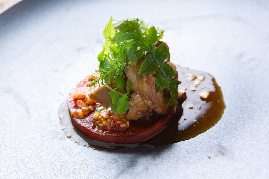 LAMMFLEISCH "ENTRE DEUX FEUX" Geschmorte Tomate, grünes Curry aus Bergkräutern, geräucherter Saft.
