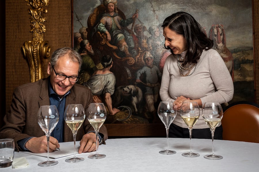 ERBUSCO, 27.03.2019 - Christoph Buerki von Riegger und XX von Bellavista bei der Degustation von Bellavista Weinen in deren Weingut in Erbusco, Provinz Brescia in Italien. PHOTO BY PASCAL MORA