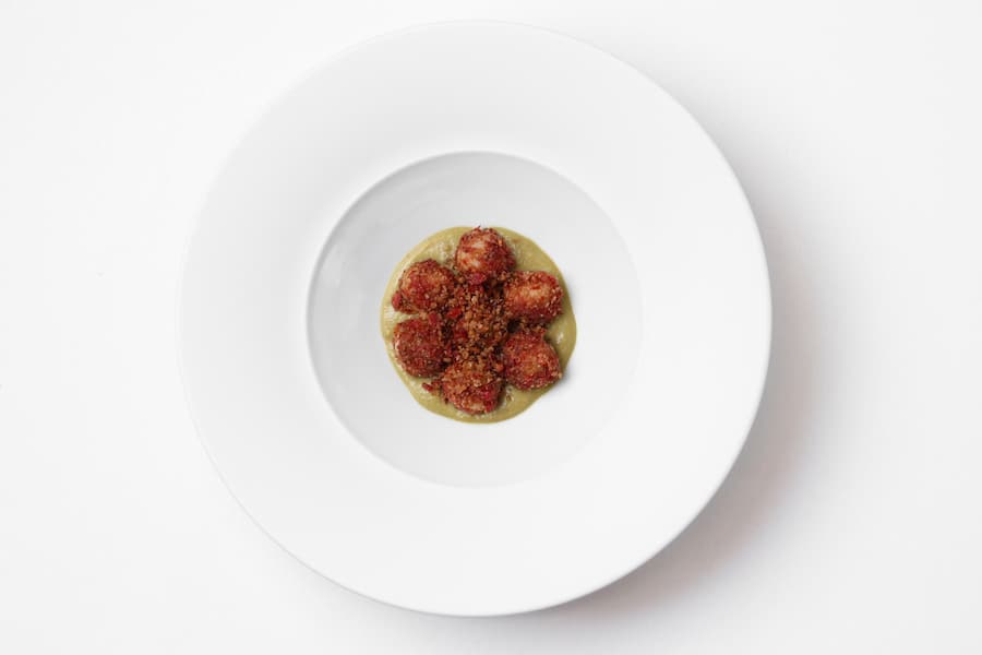 Ziger-Gnocchi, Fondue, Hirschtrockenfleisch, Birne