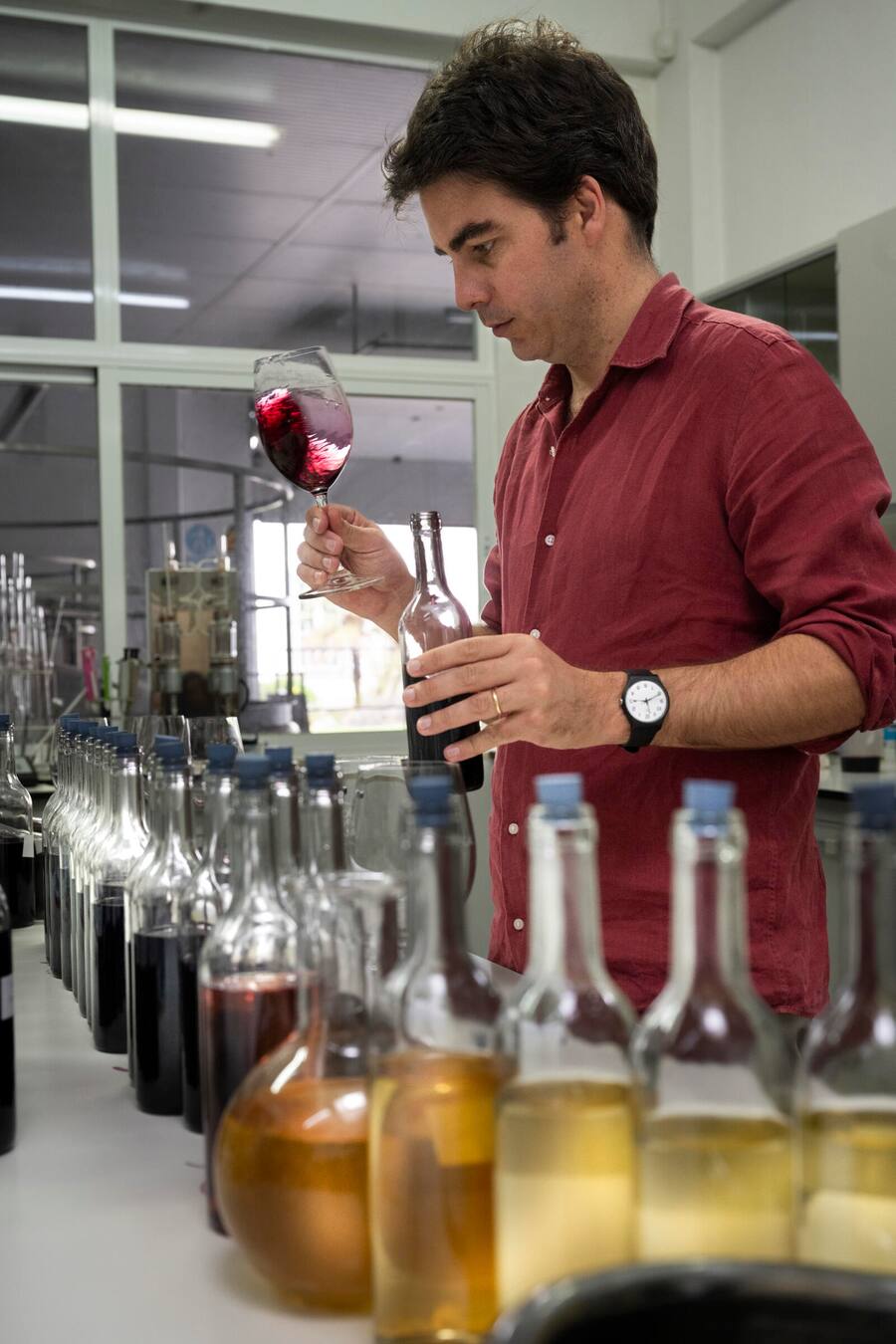 João Maria Portugal Ramos vergleicht Tankproben der jungen Rotweine von 2023