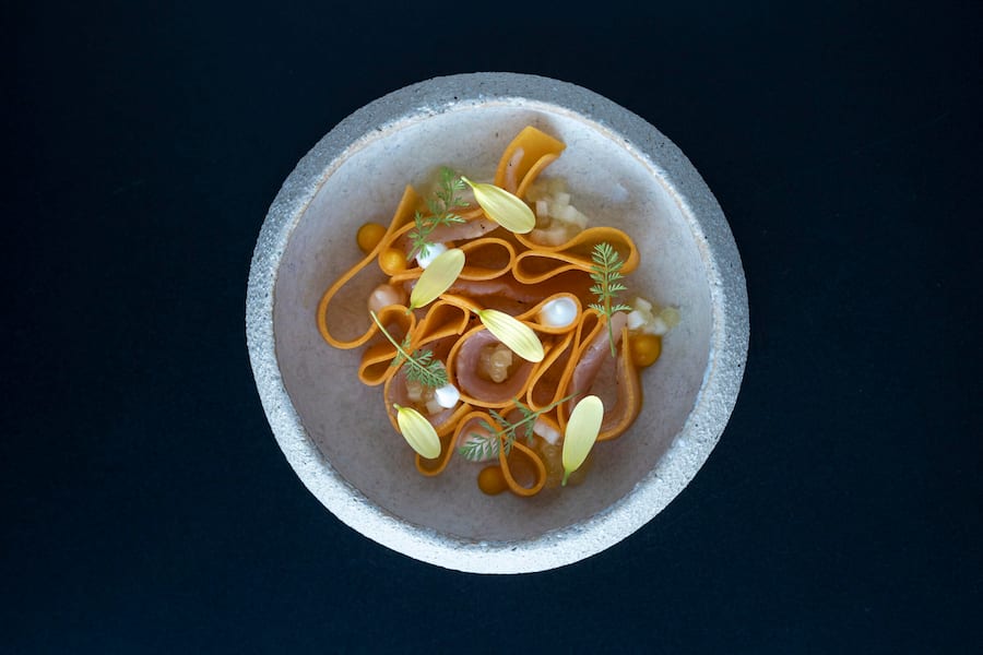 Kürbis mit Saibling, Apfel und fermentierten Kürbispüree