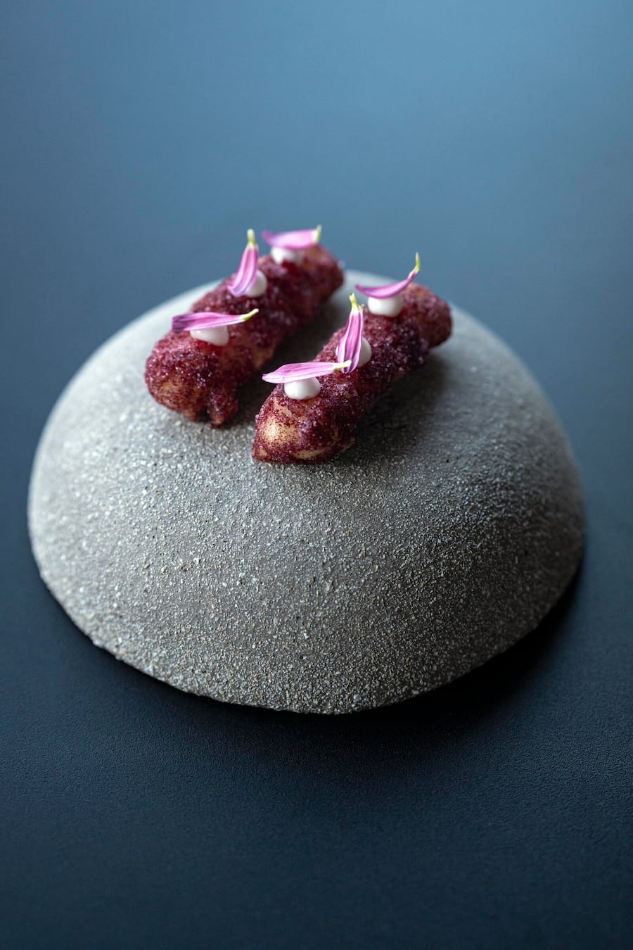 Fischknusperli mit Randenkruste und Meerrettich-Mayo Randen-Praline mit Yuzu-Füllung Rande mit Gambero Rosso Tartelette mit Aal-Mousse und Randen-Mole