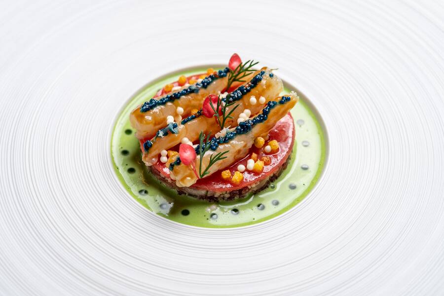 Stefan Heilenmann, Wildmenu, Balfegó Thunfisch, Gamba blanca aus Portugal, Gurke, Dill, Meerettich