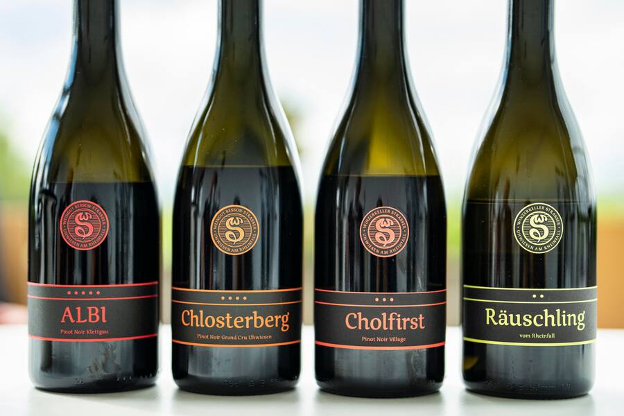 Gregory Rohmer, Sommelier bei Tanja Grandits und Cedric Besson, besucht Besson Strasser Weinbau , Uhwiesen, am Degustieren auf der Terrasse des Weinguts Grégory Rohmer, Sommelier, Cédric Besson, Weingut © Nik HungerÂ