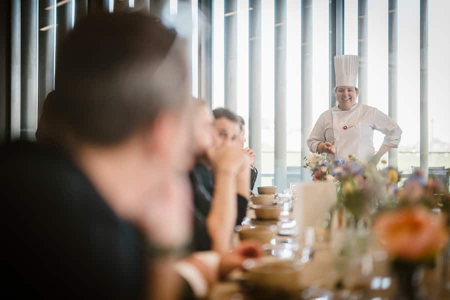 The chef Camila Carpanetti who created the menu is pictured during the Gourmet Weeks event by Nespresso on 28 April 2025 in Romont. (© Gabriel Monnet)