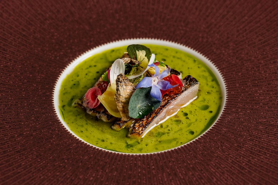 Fine Dining: Felchenfilet, Kräutergazpacho, Saiblingkaviar - Appenzeller Huus - Gonten - Carsten Kypke, Executive Chef - Mai 2025 - Copyright Olivia Pulver