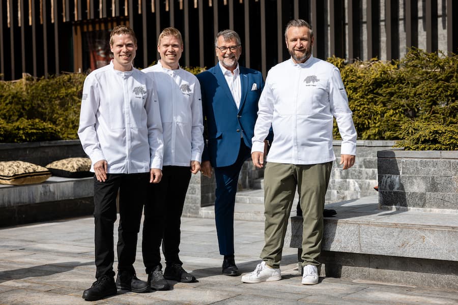 11.05.2025, The Chedi Andermatt, Generalversammlung Grandes Tables Suisses, Dominik Sato, Fabio Toffolon, Jörg Arnold und André Kaiser (photo by Remy Steiner for Gault Millau)