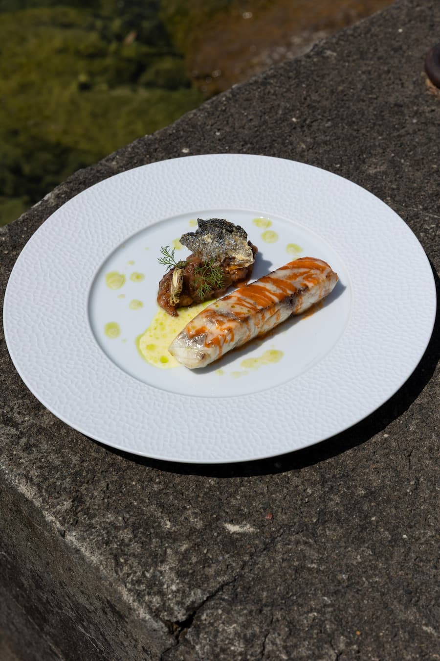 Bio-Cuisine-Koch Giovanni Melis in der Taube, Zug Fotografiert am 17.06.2025 Gericht:: Umbrina ( Caponata, Paprika, Veloute)