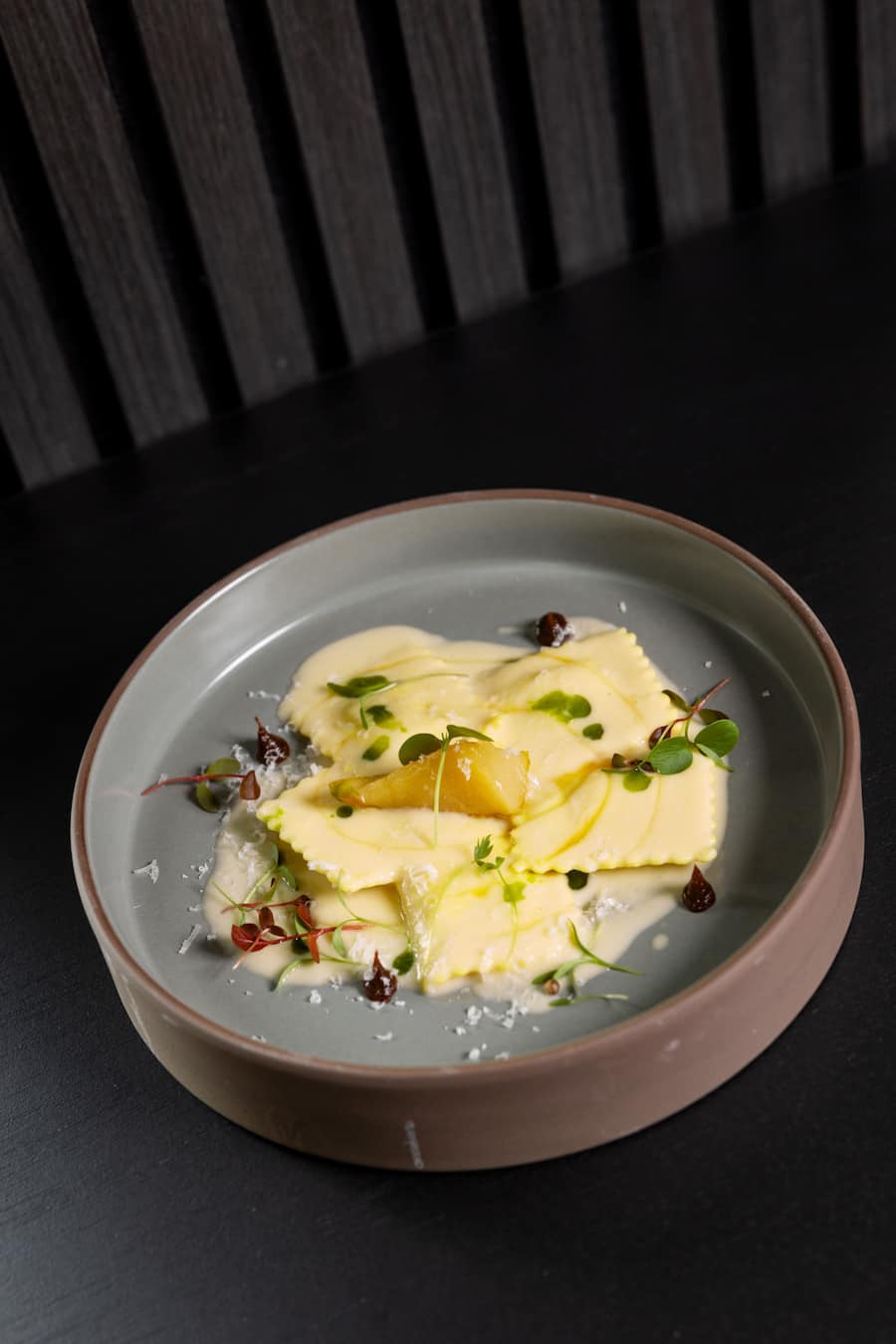 Berggeisskäse-Ravioli. By Oliver Waldispühl, «Chez Vrony».