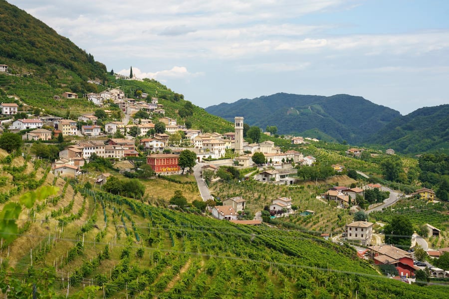 Vineyards along the Road of Prosecco e Conegliano Wines, in Treviso province, Veneto, Italy, at summer. Unesco World Heritage Site