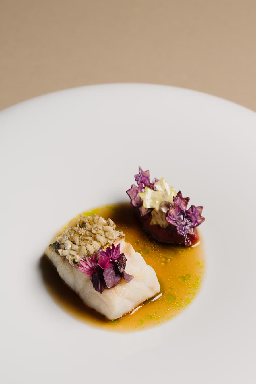 Loup de Mer mit Purple Currykraut, asiatische Bouillon - Skin's Lenzburg - Kevin Romes - November 2024 - Copyright Olivia Pulver
