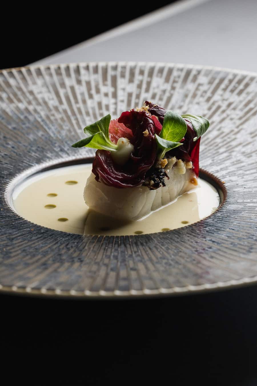 Fisch und Salat: sanft gegarter Zander mit Cicorino Rosso, Feldsalat und Gewürznüssen.