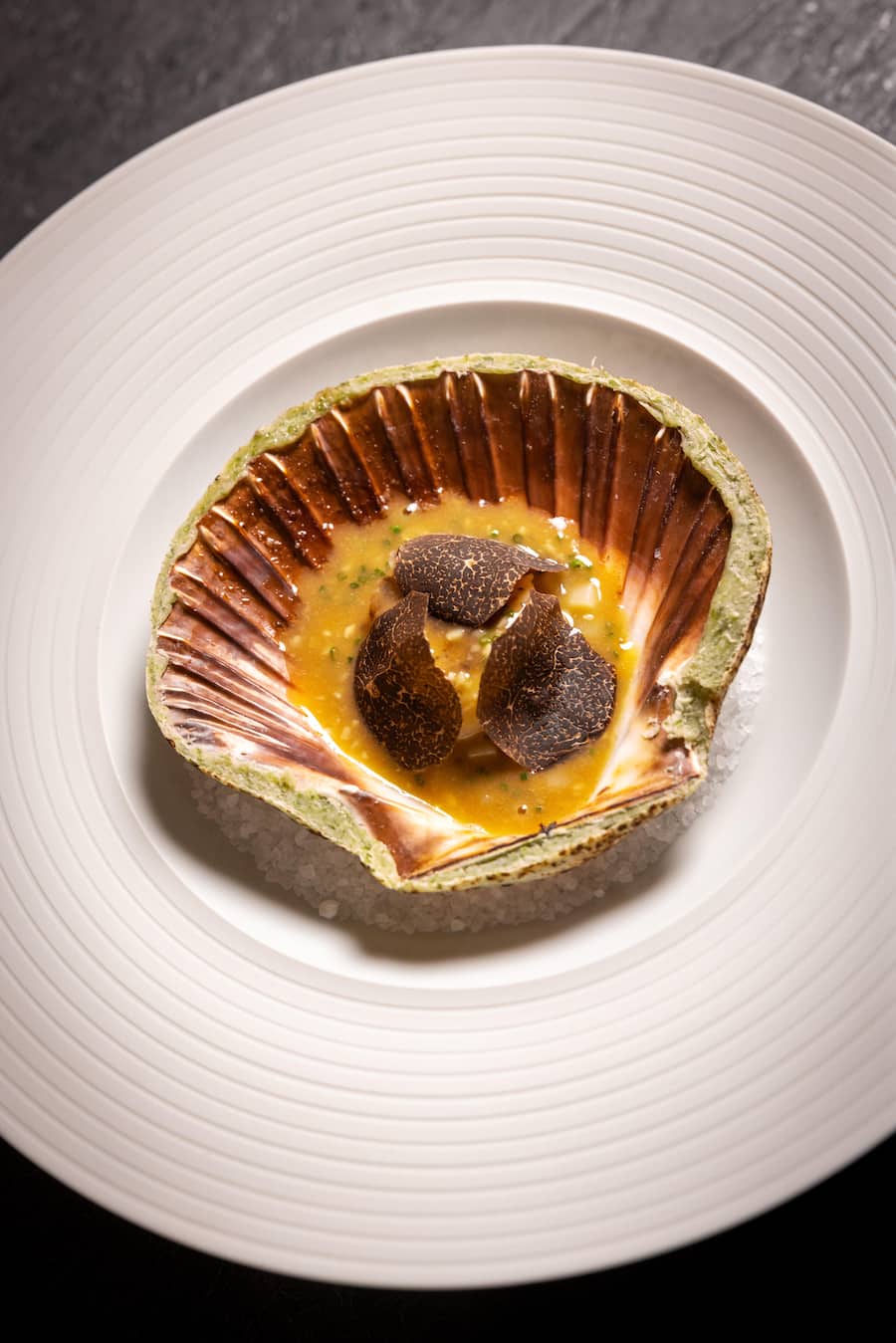 05.02.2026, Zürich, Mandarin Orintal Savoy, Restaurant Orsini, Gericht; Handgetauchte, norwegische Jakobsmuschel mit schwarzem Périgord Trüffel 'en coquille lutée'Topinambur, eingelegter Baumnuss und Jakobsmuschelbart-Garum-Beurre blanc (by Restaurant Amber, Richard Ekkebus)(photo by Remy Steiner for Gault Millau)