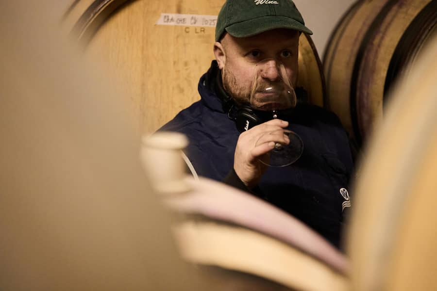 Tom Litwan im Weinkeller, Degustieren