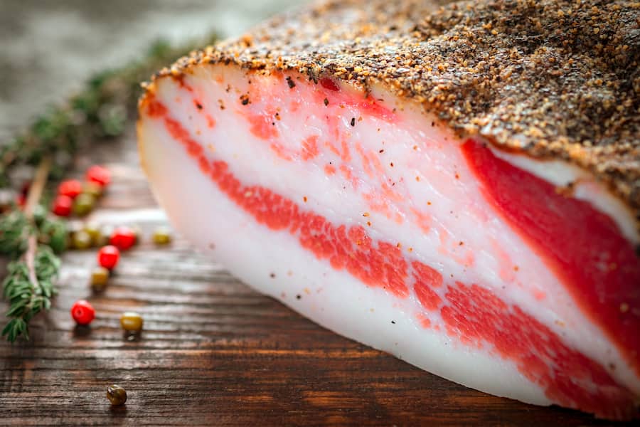 Guanciale dried speck а ham, Italian cured meat product
