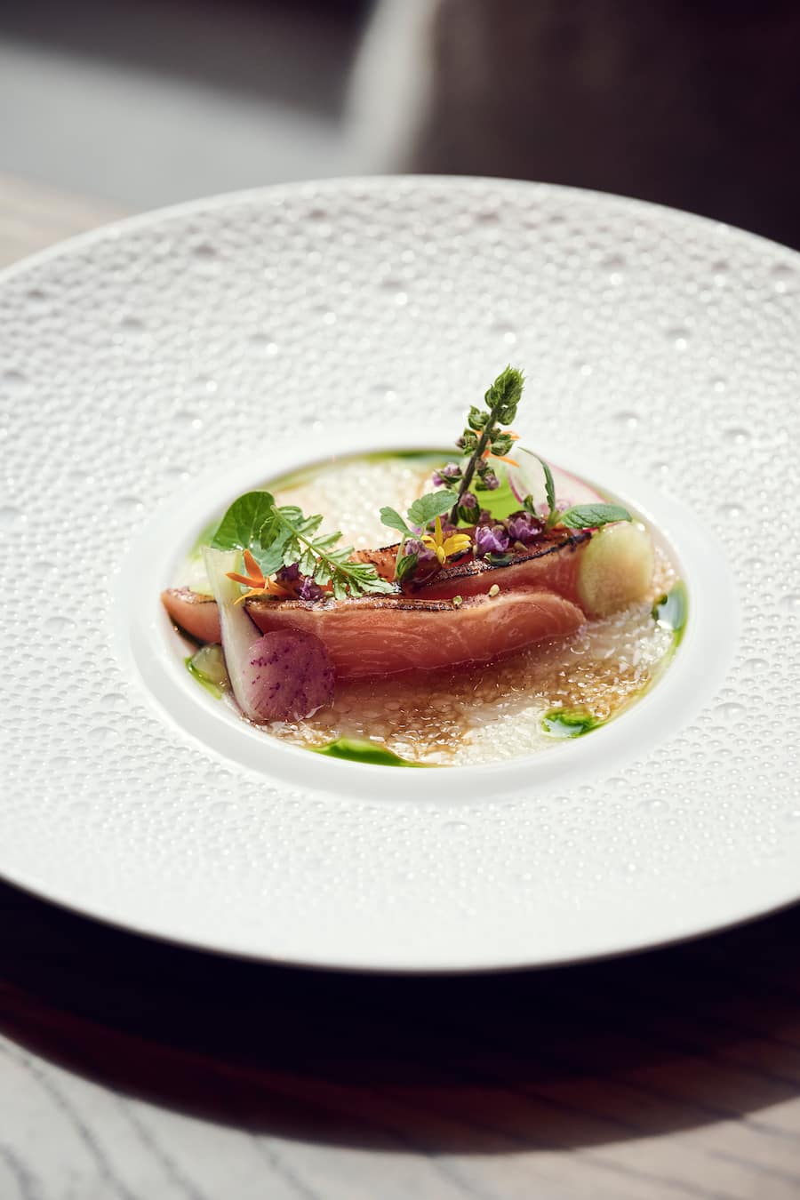 Gebeizter geflämmter Saibling, Shiso-Vinaigrette mit rohem und gepickeltem Gemüse